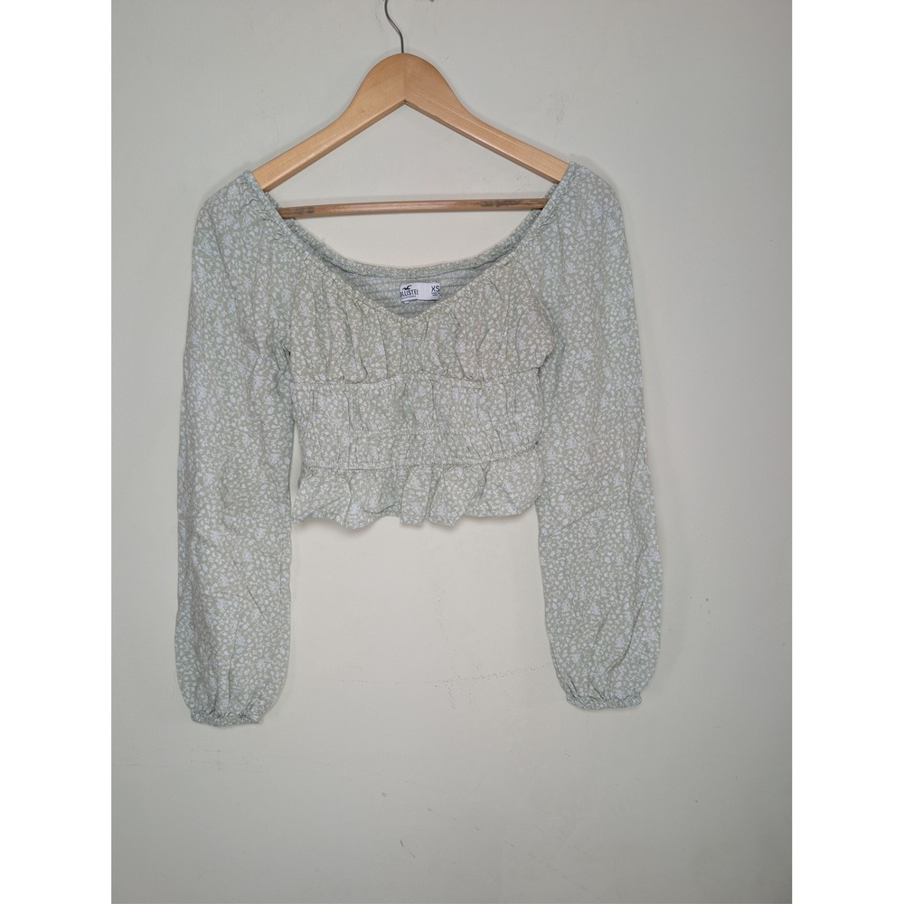 Hollister Sage Green Floral Smocked Long Sleeve Crop Top Blouse XS